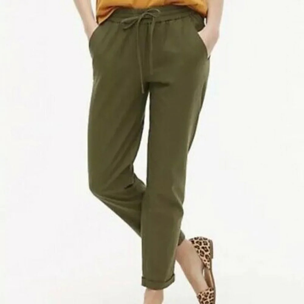 J. Crew Factory Linen Blend Cuffed Drawstring Pull On Pants in Army Green - 6P